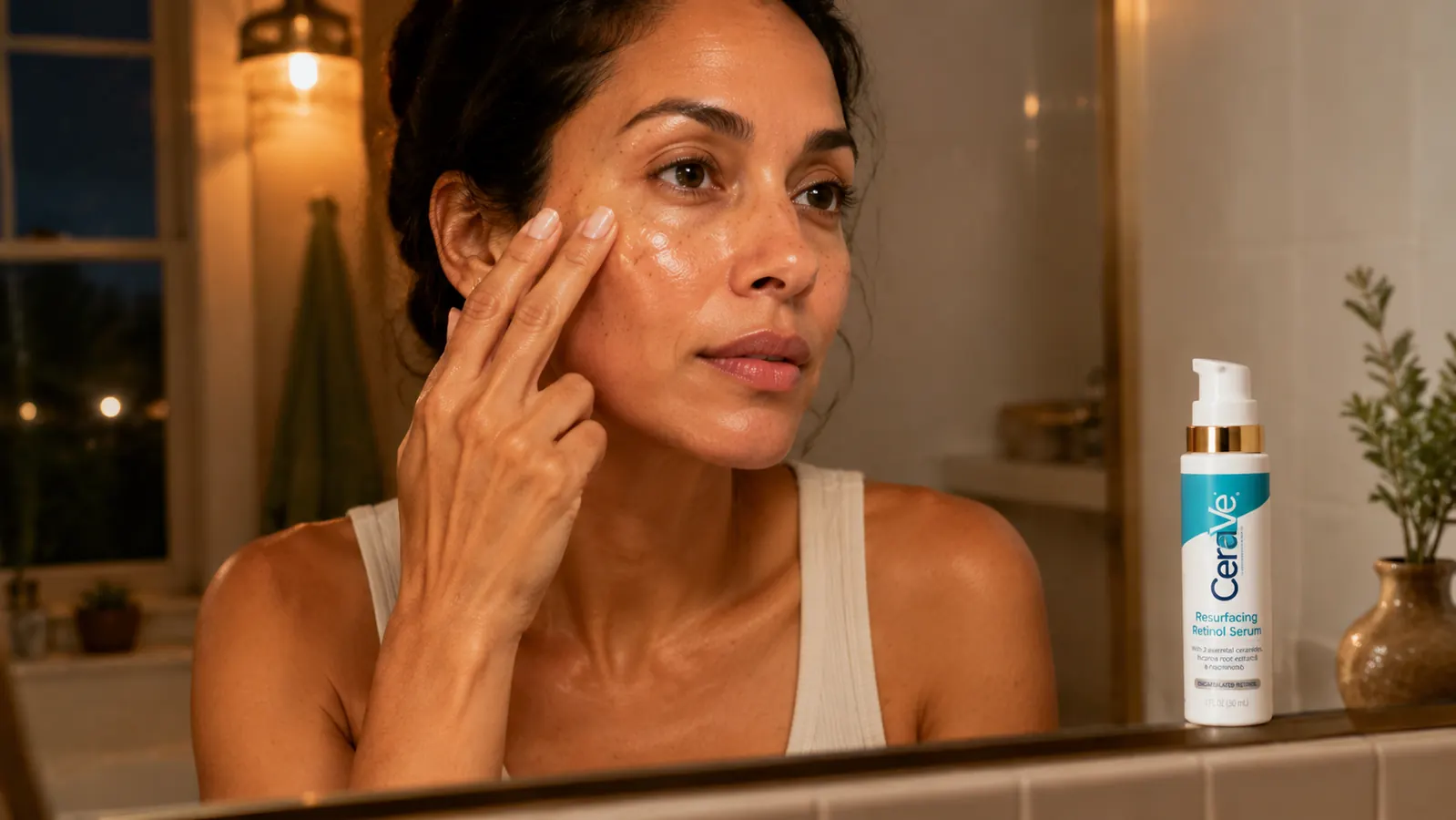 Woman applying a few drops of retinol serum to her fingertip before pressing it onto her cheek